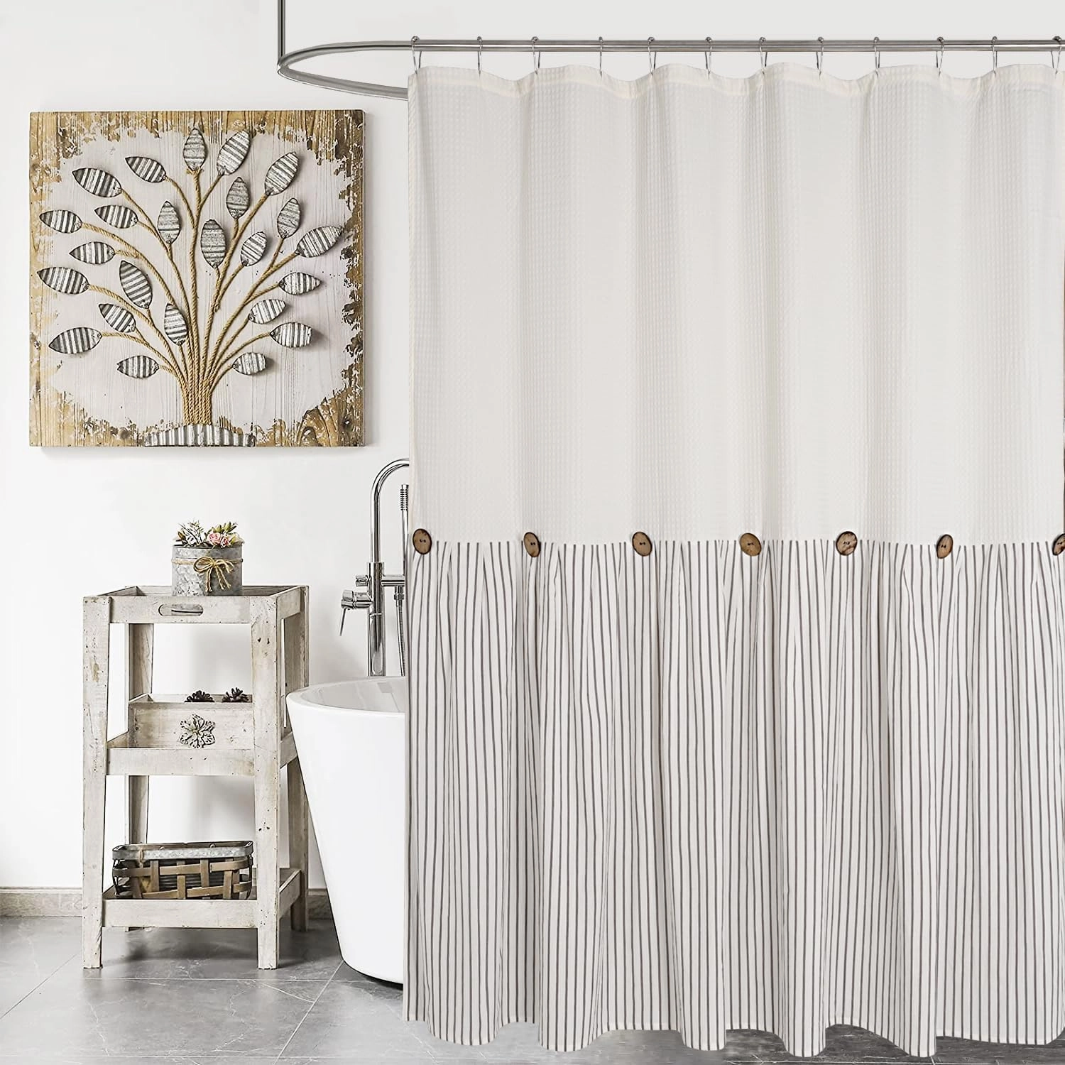 Farmhouse Shower Curtain,Beige and Gray Striped,Button Curtain,Spa Waffle and Cotton Woven Fabric,Rustic Charm Country Chic Style,72x72 in