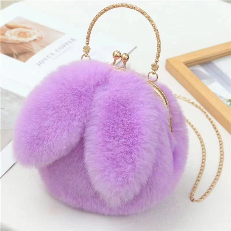 Faux Fur Clutch Purse with Wrist Strap, Round Shape, Beige, One Size
