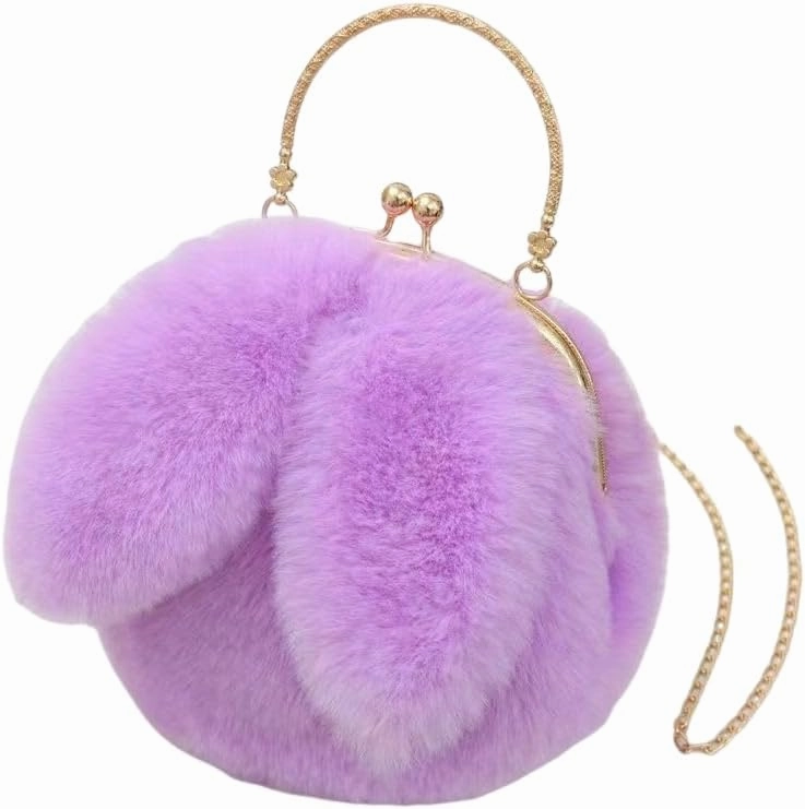 Faux Fur Clutch Purse with Wrist Strap, Round Shape, Beige, One Size