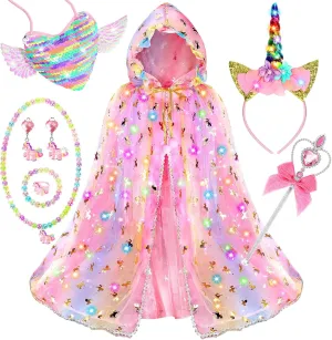 Fedio Princess Dress up for Girls,Unicorn Light up Princess Cape Set,Light up Princess Dress with Unicorn Toys for Girls 3-8 Halloween