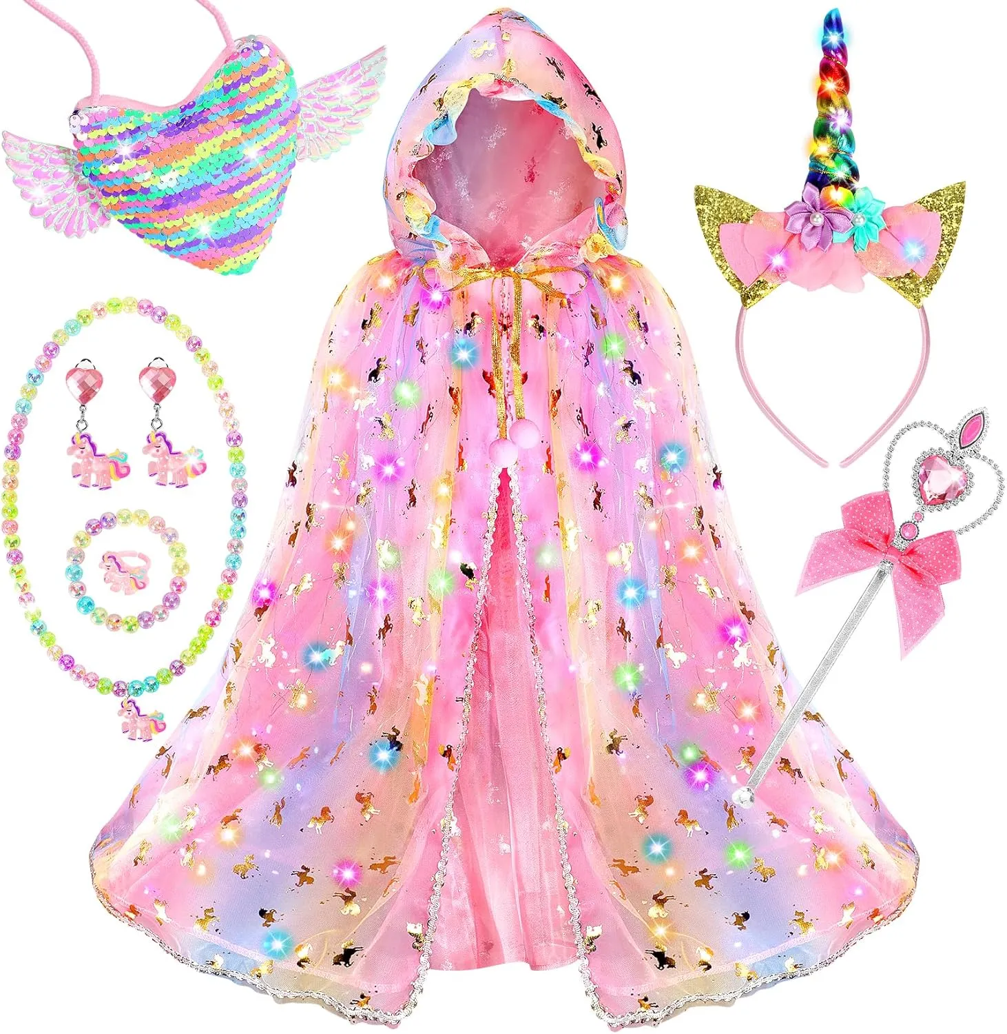 Fedio Princess Dress up for Girls,Unicorn Light up Princess Cape Set,Light up Princess Dress with Unicorn Toys for Girls 3-8 Halloween