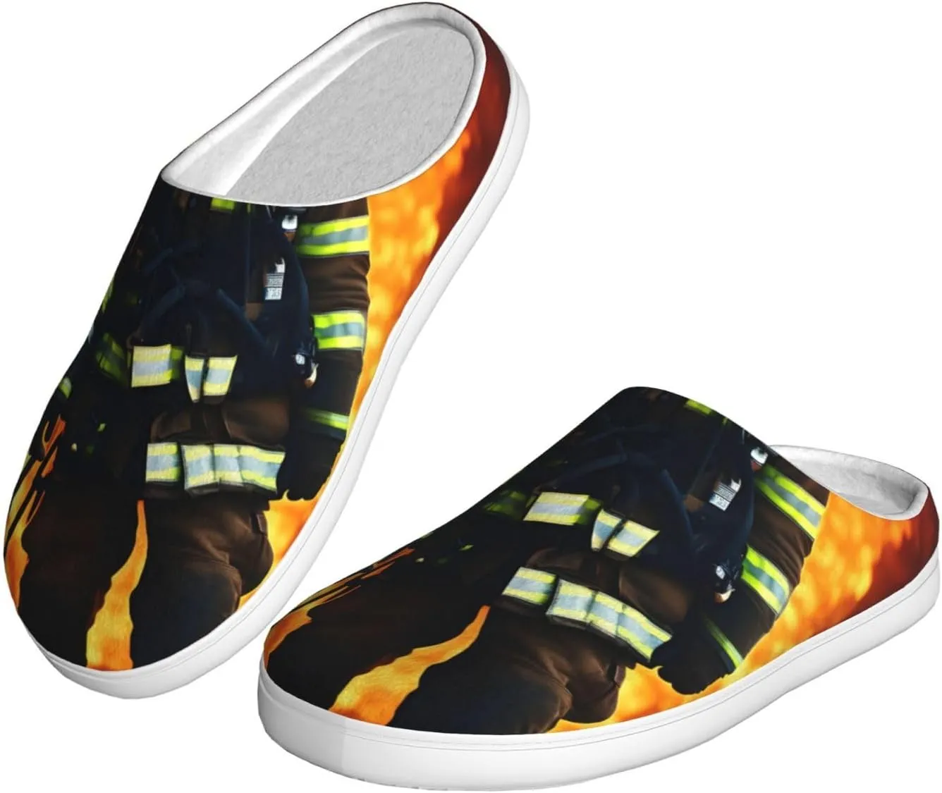 Firefighter Fireman Flame print Winter Home Warm Slippers, Plush Soft Bottom Slippers, Womens Indoor Scuff Slippers