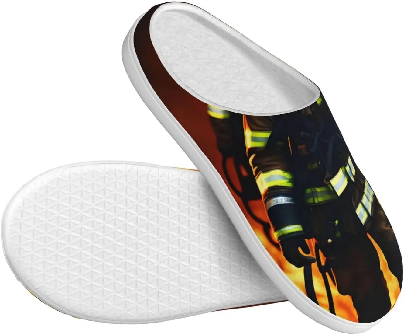 Firefighter Fireman Flame print Winter Home Warm Slippers, Plush Soft Bottom Slippers, Womens Indoor Scuff Slippers