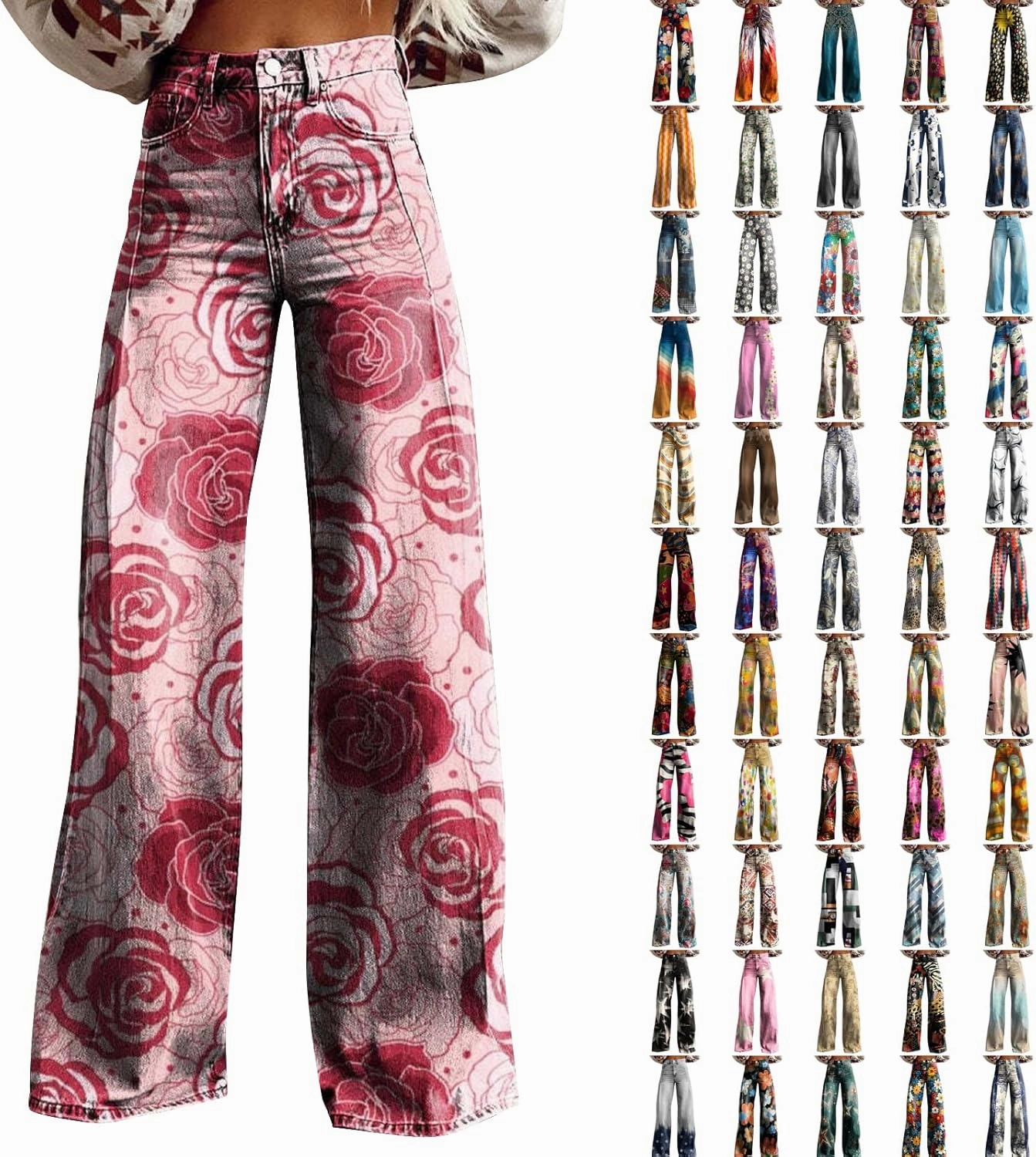 Flare Jeans for Women Flower Print Cute Trendy Wide Leg Baggy Pants High Waisted Flared Denim Trouser Vintage Jeans
