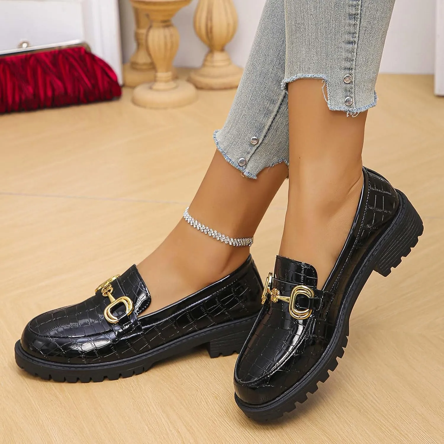 Flat Sandals for Women Dressy Block Low Heel Shoes Metal Buckle Colsed Round Toe Slip On Business Office Vacation
