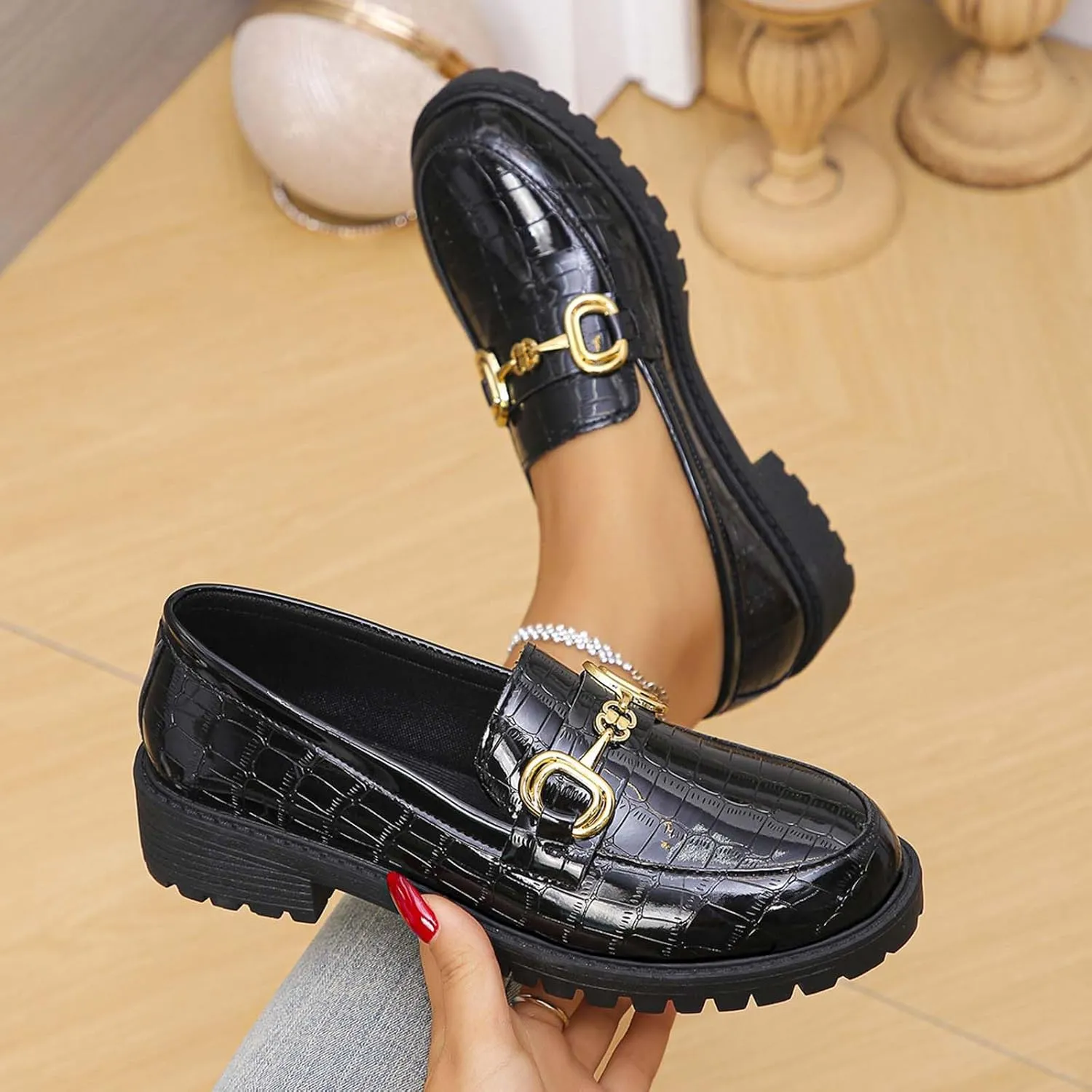 Flat Sandals for Women Dressy Block Low Heel Shoes Metal Buckle Colsed Round Toe Slip On Business Office Vacation