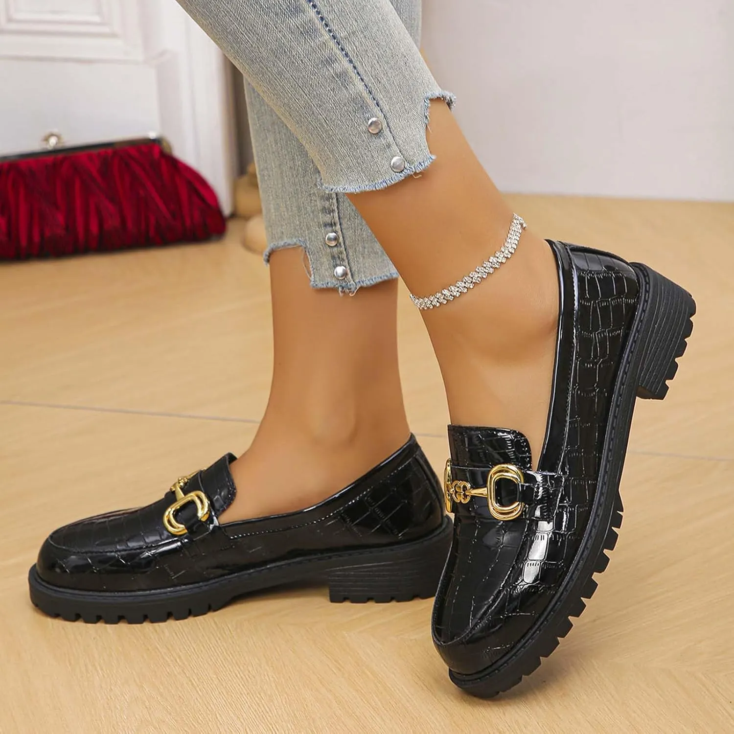 Flat Sandals for Women Dressy Block Low Heel Shoes Metal Buckle Colsed Round Toe Slip On Business Office Vacation