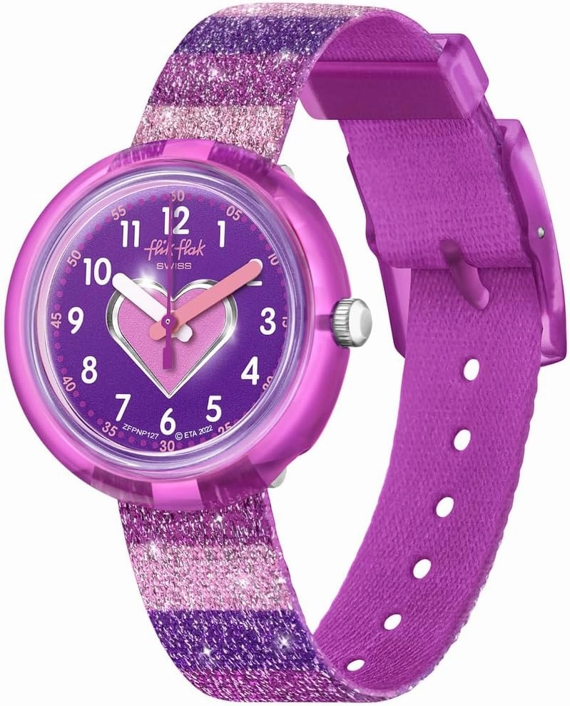 Flik Flak Unisex Kids Casual Pink Bio-sourced Quartz Watch Strippy Glitter