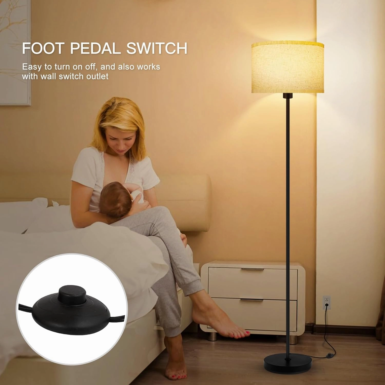 Floor Lamps for Living Room, 59" Tall Lamp with Lampshade, Black Standing Lamp, 12W LED Floor Lamp, Foot Switch, Simple Pole Lamps for Bedrooms, Office, Nightstand, Corner Reading Lamp(E26, Base)
