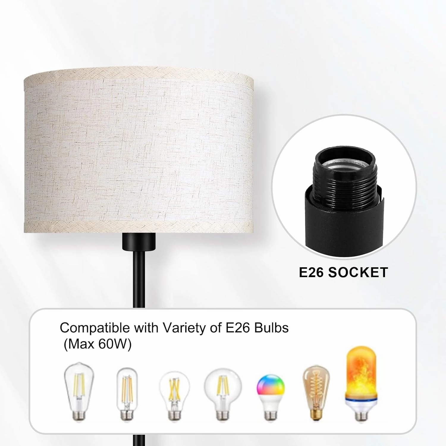 Floor Lamps for Living Room, 59" Tall Lamp with Lampshade, Black Standing Lamp, 12W LED Floor Lamp, Foot Switch, Simple Pole Lamps for Bedrooms, Office, Nightstand, Corner Reading Lamp(E26, Base)