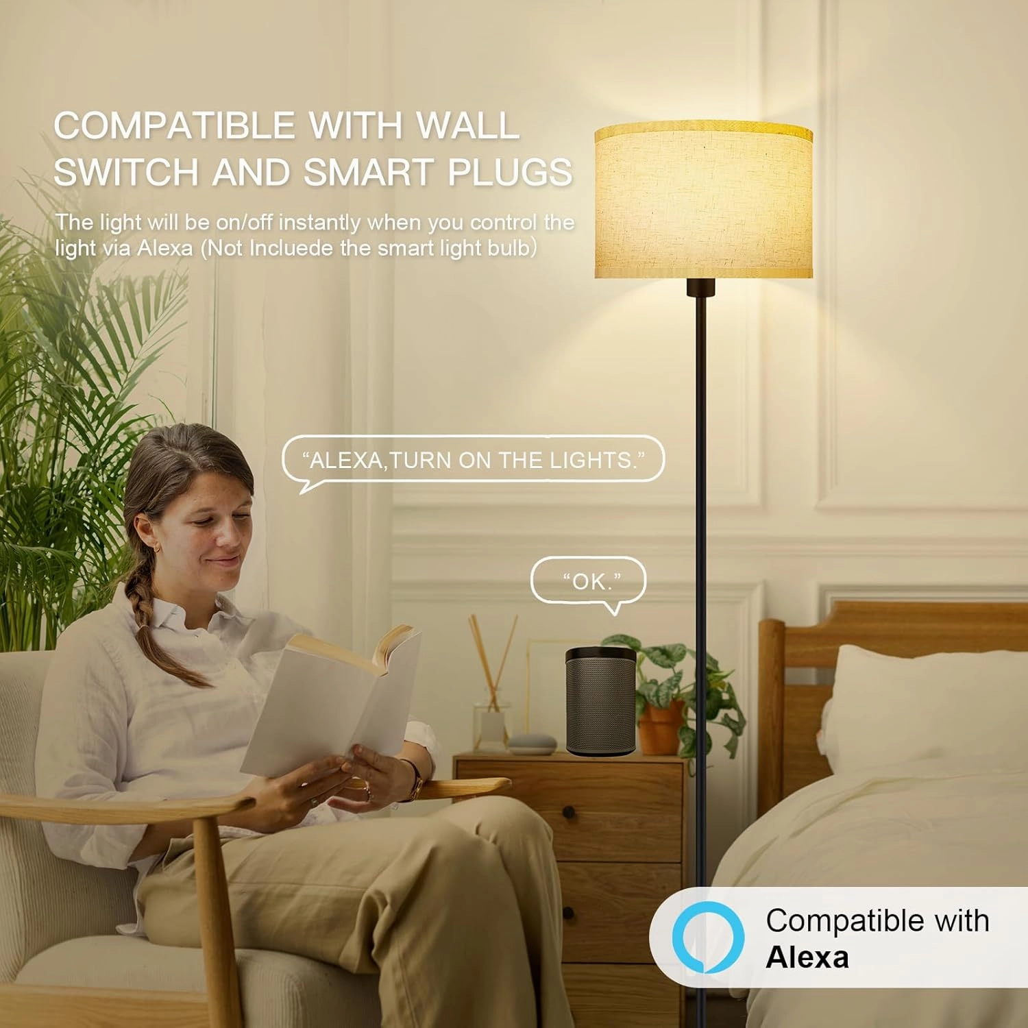 Floor Lamps for Living Room, 59" Tall Lamp with Lampshade, Black Standing Lamp, 12W LED Floor Lamp, Foot Switch, Simple Pole Lamps for Bedrooms, Office, Nightstand, Corner Reading Lamp(E26, Base)