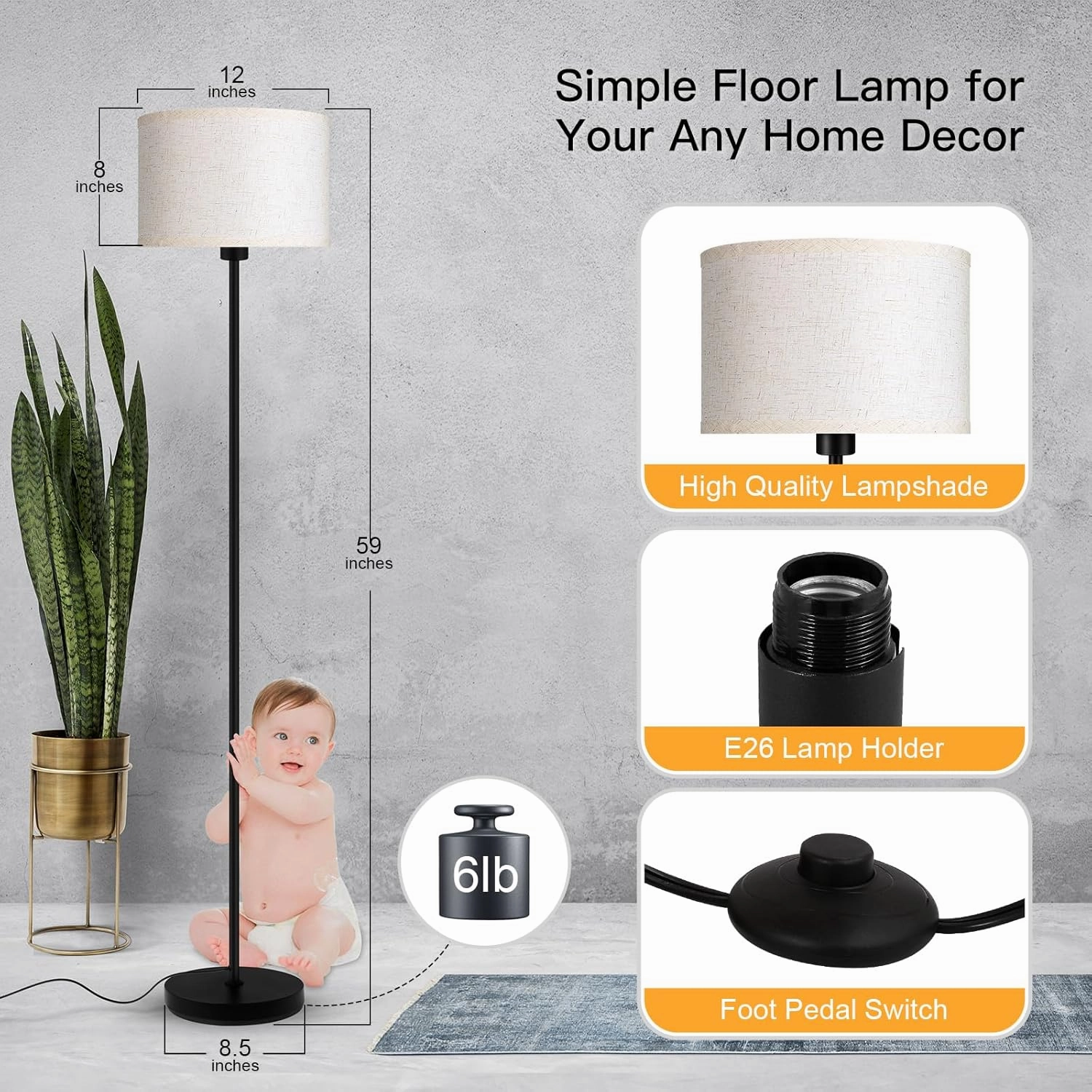 Floor Lamps for Living Room, 59" Tall Lamp with Lampshade, Black Standing Lamp, 12W LED Floor Lamp, Foot Switch, Simple Pole Lamps for Bedrooms, Office, Nightstand, Corner Reading Lamp(E26, Base)