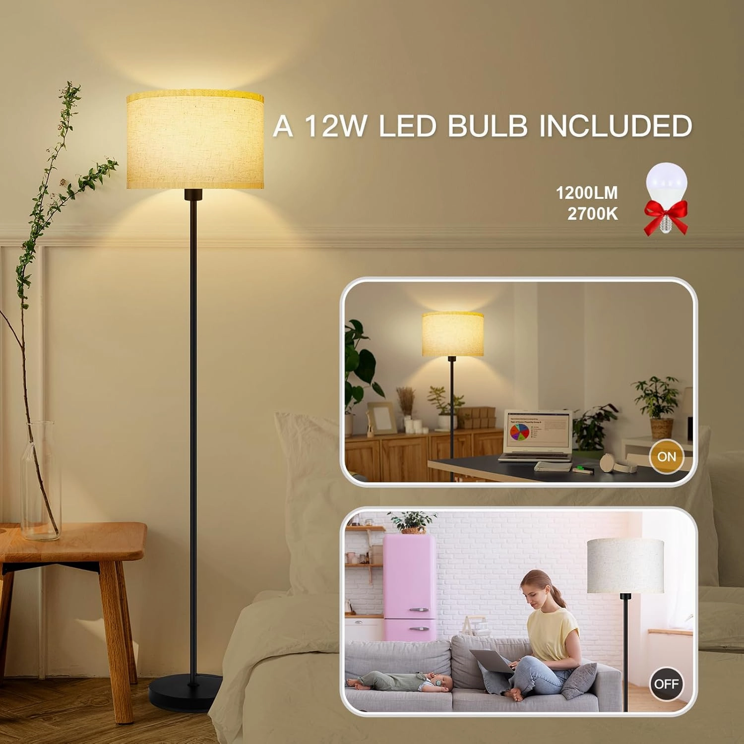 Floor Lamps for Living Room, 59" Tall Lamp with Lampshade, Black Standing Lamp, 12W LED Floor Lamp, Foot Switch, Simple Pole Lamps for Bedrooms, Office, Nightstand, Corner Reading Lamp(E26, Base)