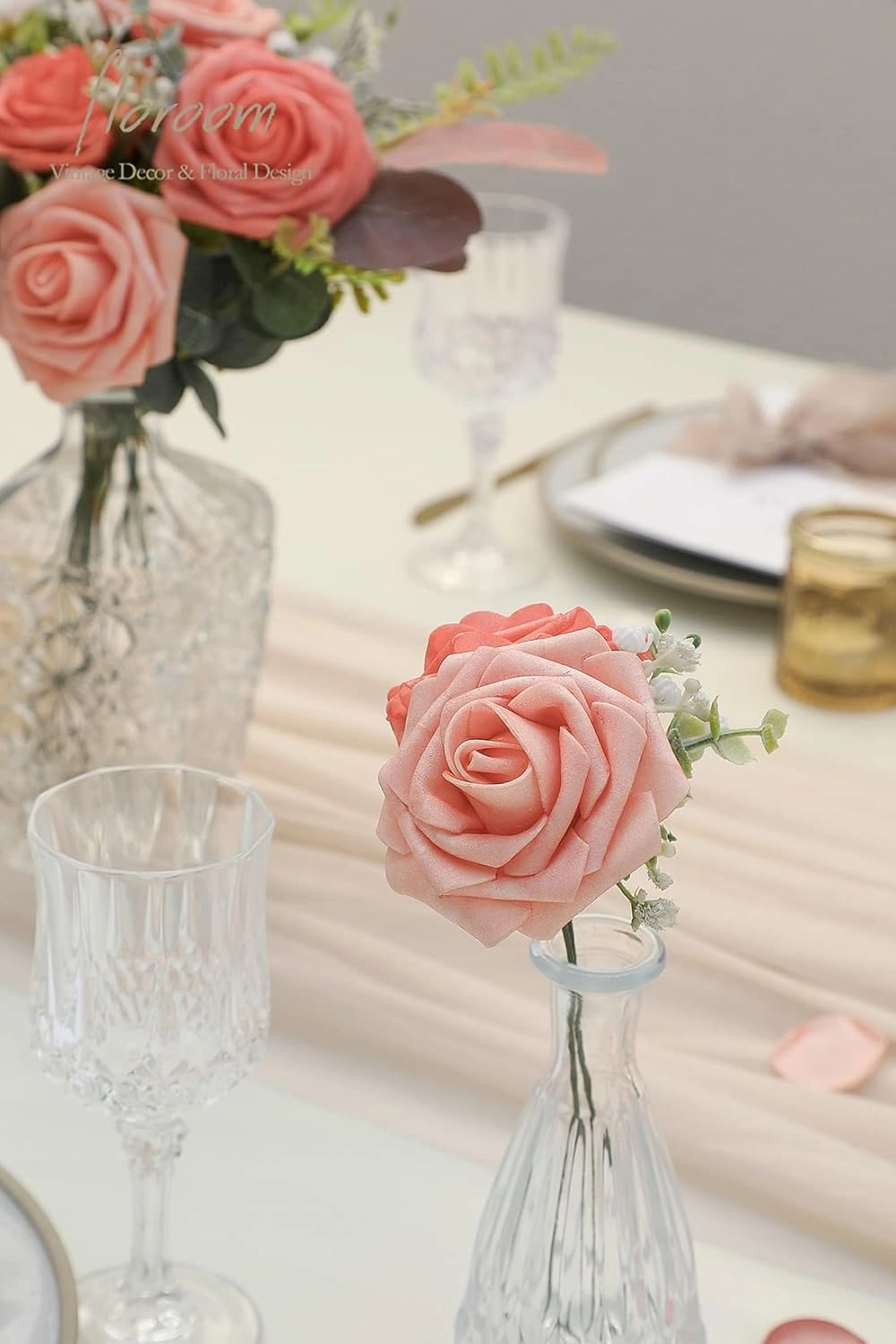 Floroom Artificial Flowers 25pcs Real Looking Mixed Living Coral Foam Fake Roses with Stems for DIY Wedding Bouquets Bridal Shower Centerpieces Floral Arrangements Party Tables Home Decorations
