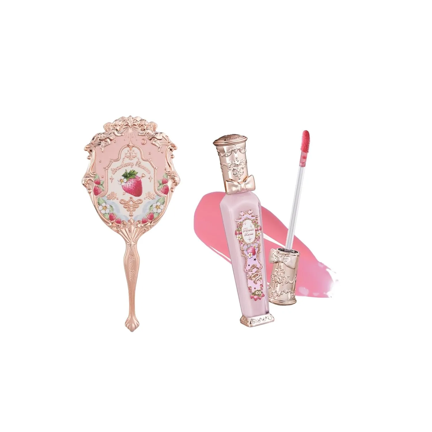 Flower Knows Violet Strawberry Rococo Glitter Lip Gloss G01 Strawberry Macaron Hand Mirror Soft Pink