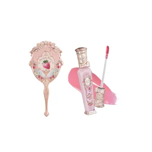 Flower Knows Violet Strawberry Rococo Glitter Lip Gloss G01 Strawberry Macaron Hand Mirror Soft Pink