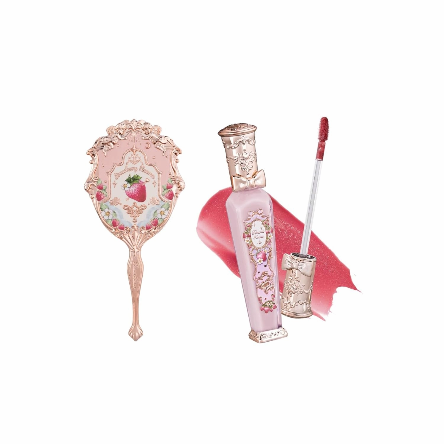 Flower Knows Violet Strawberry Rococo Glitter Lip Gloss G02 Strawberry Rococo Hand Mirror Soft Pink