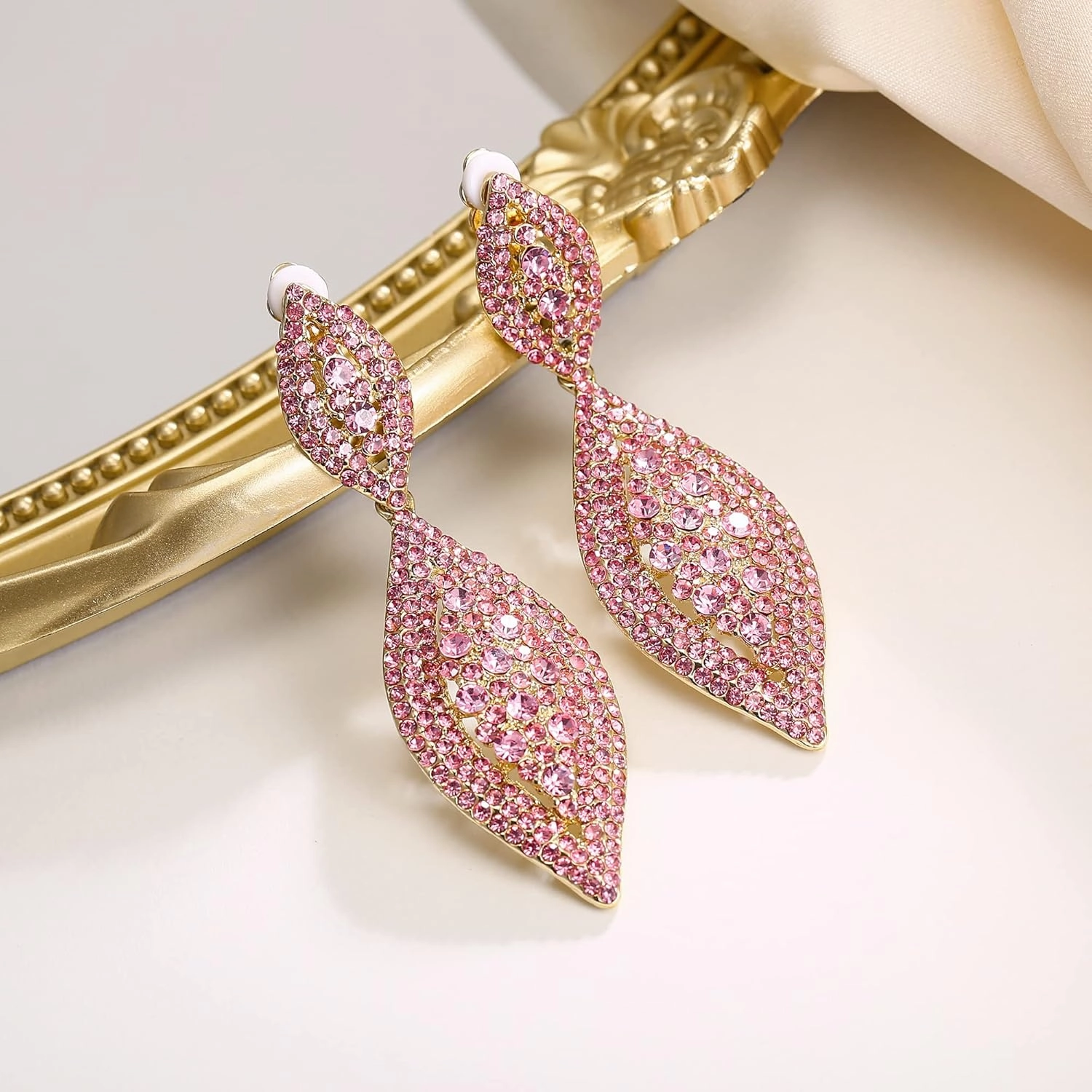 Flyonce Clip On Earrings for Women, Glitter Rhinestone Crystal Wedding Bridal Clip-on Drop Dangle Earring for Non Pierced Ears