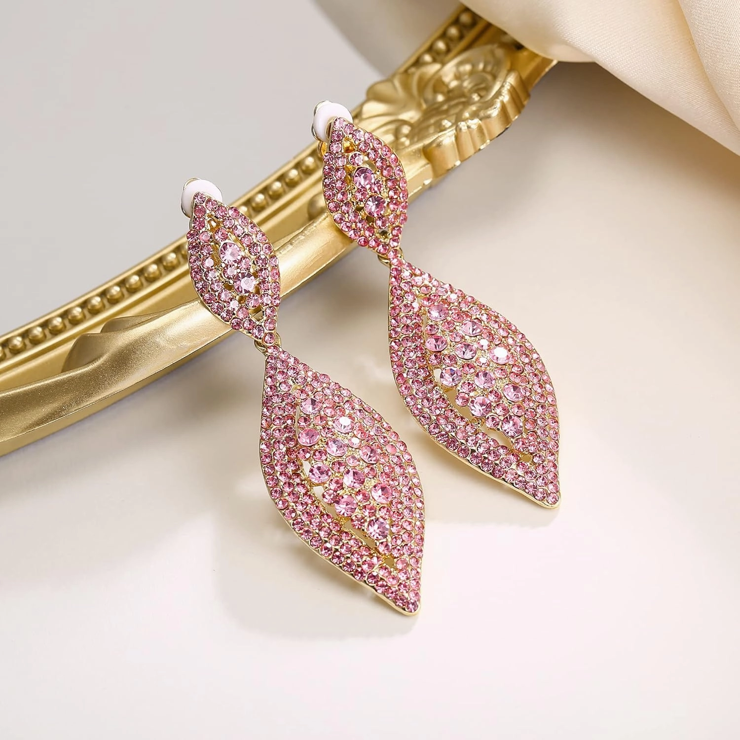 Flyonce Clip On Earrings for Women, Glitter Rhinestone Crystal Wedding Bridal Clip-on Drop Dangle Earring for Non Pierced Ears