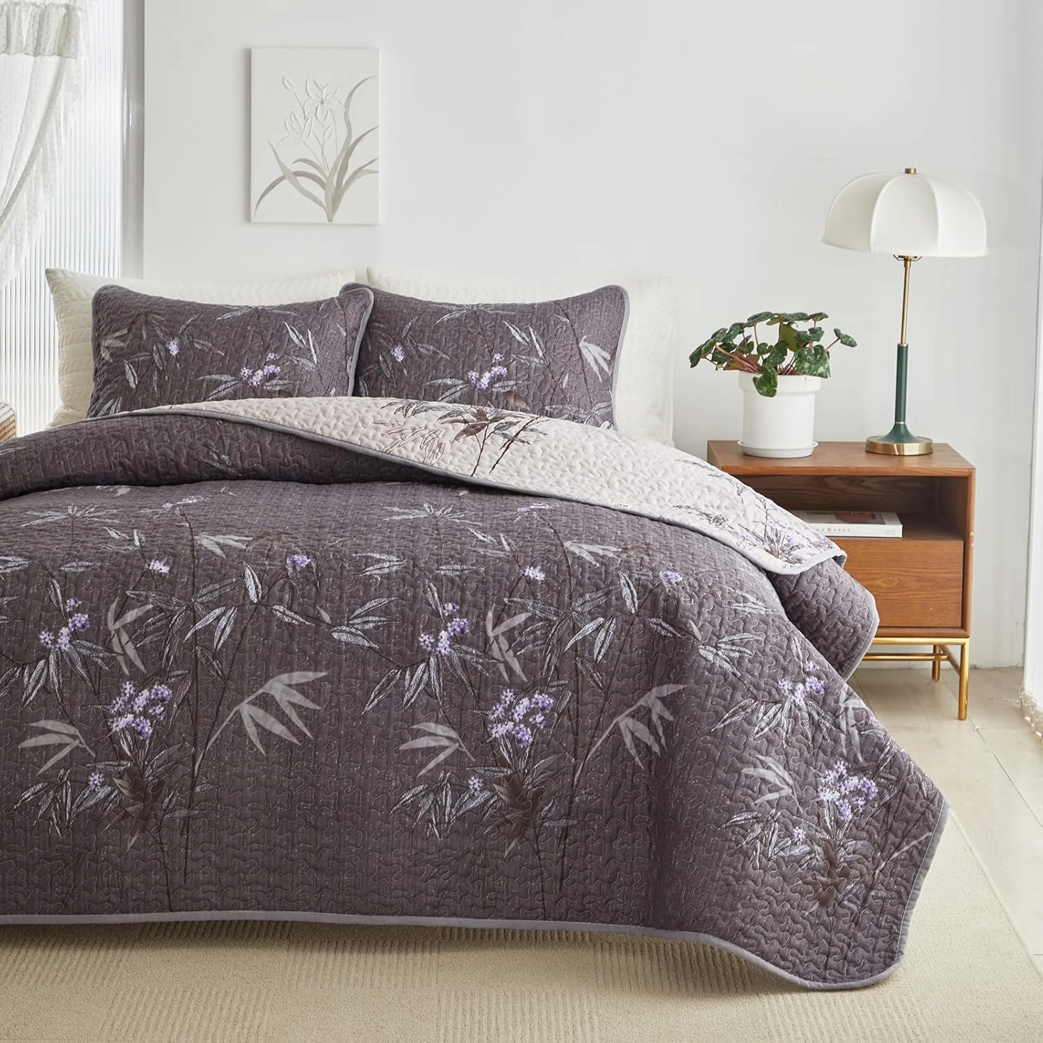 Flysheep Quilt Set 2 Pieces Twin Size, Black Leaves Botanical Design Reversible Bedspread Coverlet Set, Soft Microfiber Lightweight Bed Cover for Kids (68" x 86", 1 Quilt  1 Pillow Sham)