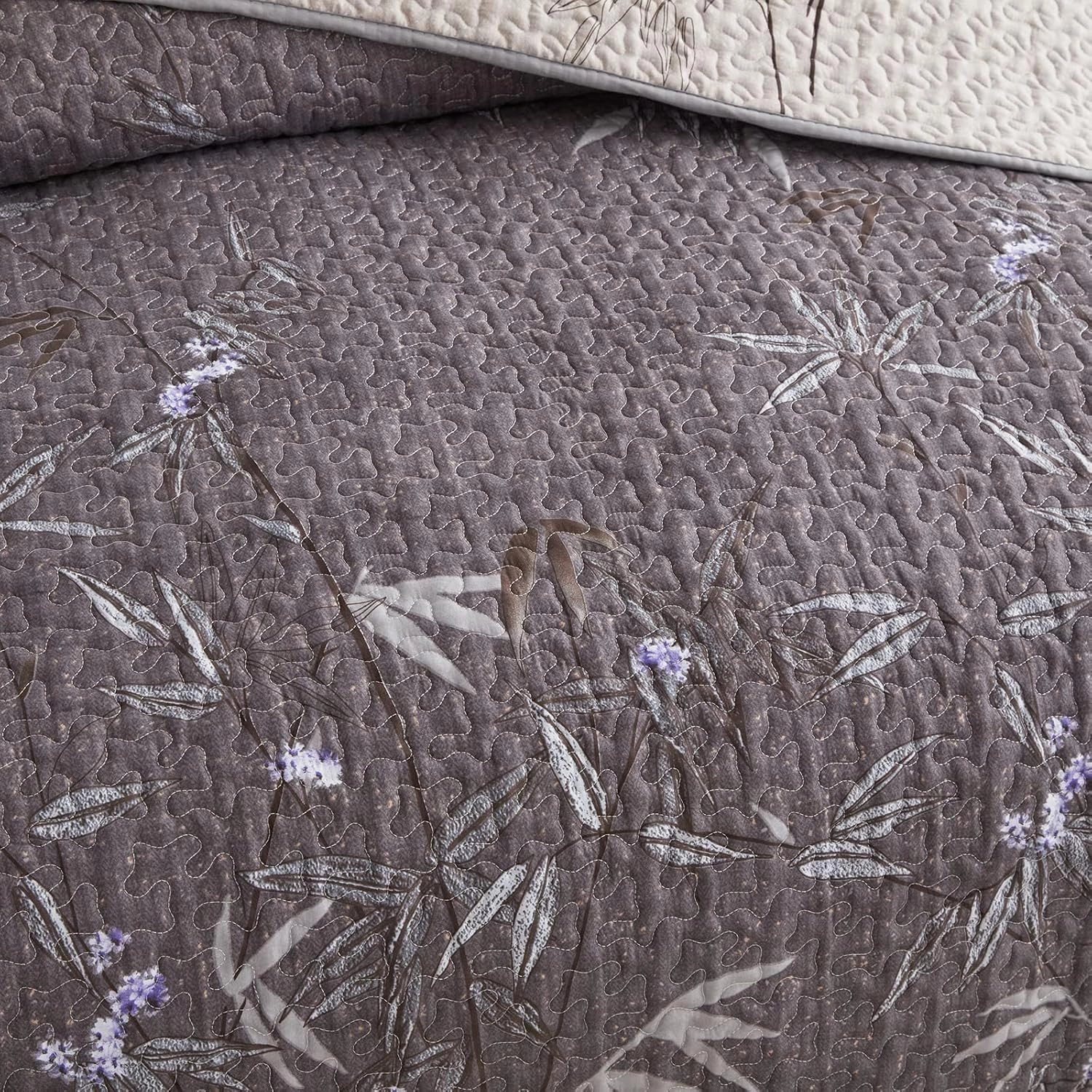 Flysheep Quilt Set 2 Pieces Twin Size, Black Leaves Botanical Design Reversible Bedspread Coverlet Set, Soft Microfiber Lightweight Bed Cover for Kids (68" x 86", 1 Quilt  1 Pillow Sham)