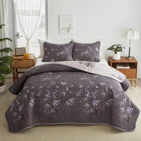 Flysheep Quilt Set 2 Pieces Twin Size, Black Leaves Botanical Design Reversible Bedspread Coverlet Set, Soft Microfiber Lightweight Bed Cover for Kids (68" x 86", 1 Quilt  1 Pillow Sham)