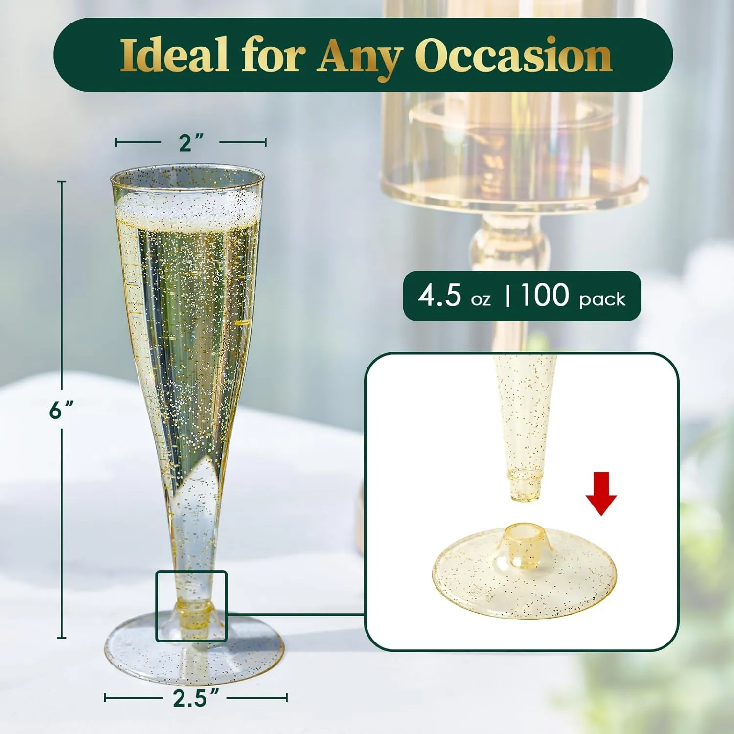 FOCUSLINE 100 Pack Plastic Champagne Flutes, 4.5 Oz Gold Glitter Plastic Champagne Glasses, Disposable Clear Toasting Glasses Recyclable Cups for Wedding Party