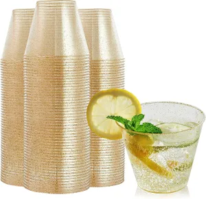 FOCUSLINE 9 oz Gold Plastic Cups, Disposable Clear Fancy Hard Plastic Cups, Gold Glitter, Heavy Duty, Reusable,100 Count