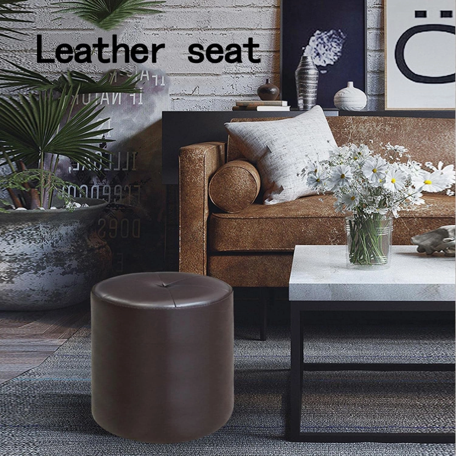 Foot Stool Cowhide Footstool round Foot Stools Shoe Change Stool Pouffe Footstool s for The Bedroom s for Living Room,Brown- 32X40Cm/Brown   Beige/32 * 40Cm