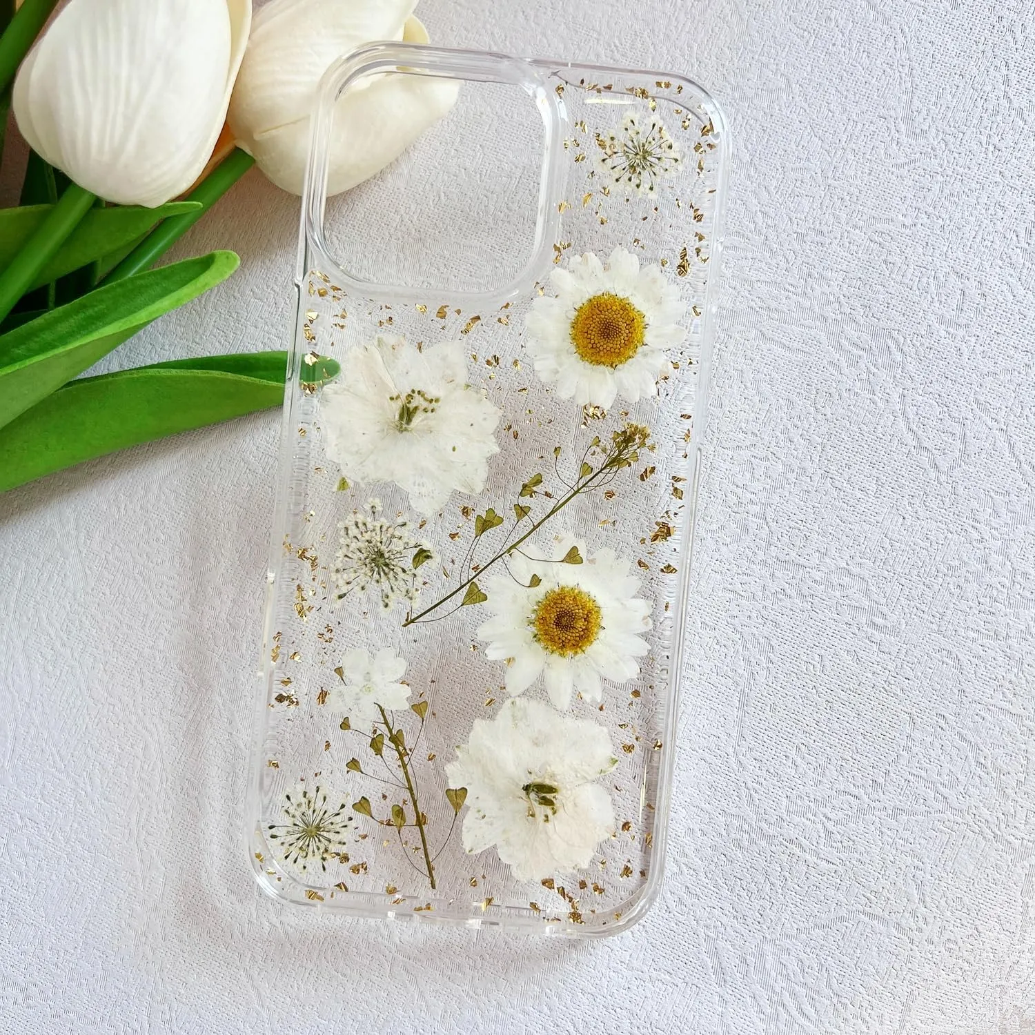 for iPhone 16 Pro Max Clear Case with Pressed Real Flowers Design,Glitter Cute White Floral Pattern Slim Soft TPU Protective Women Girl's Phone Cover for iPhone 16 Pro Max