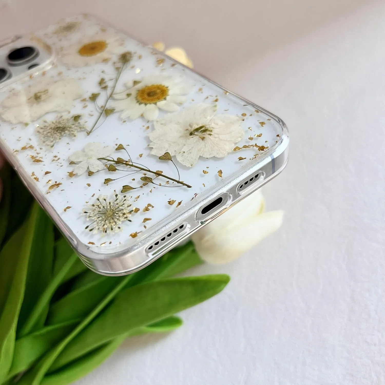 for iPhone 16 Pro Max Clear Case with Pressed Real Flowers Design,Glitter Cute White Floral Pattern Slim Soft TPU Protective Women Girl's Phone Cover for iPhone 16 Pro Max