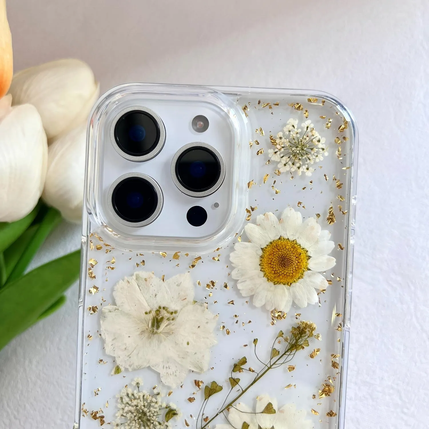 for iPhone 16 Pro Max Clear Case with Pressed Real Flowers Design,Glitter Cute White Floral Pattern Slim Soft TPU Protective Women Girl's Phone Cover for iPhone 16 Pro Max
