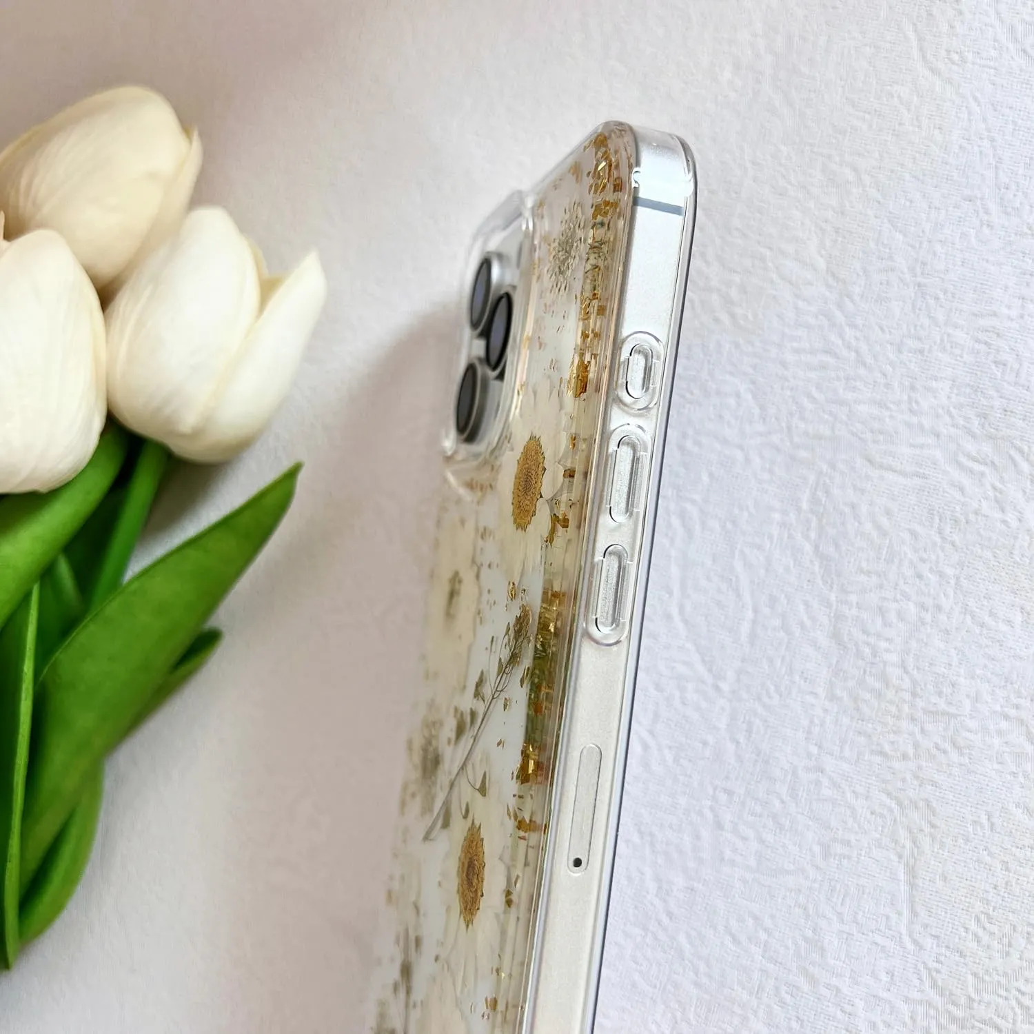 for iPhone 16 Pro Max Clear Case with Pressed Real Flowers Design,Glitter Cute White Floral Pattern Slim Soft TPU Protective Women Girl's Phone Cover for iPhone 16 Pro Max