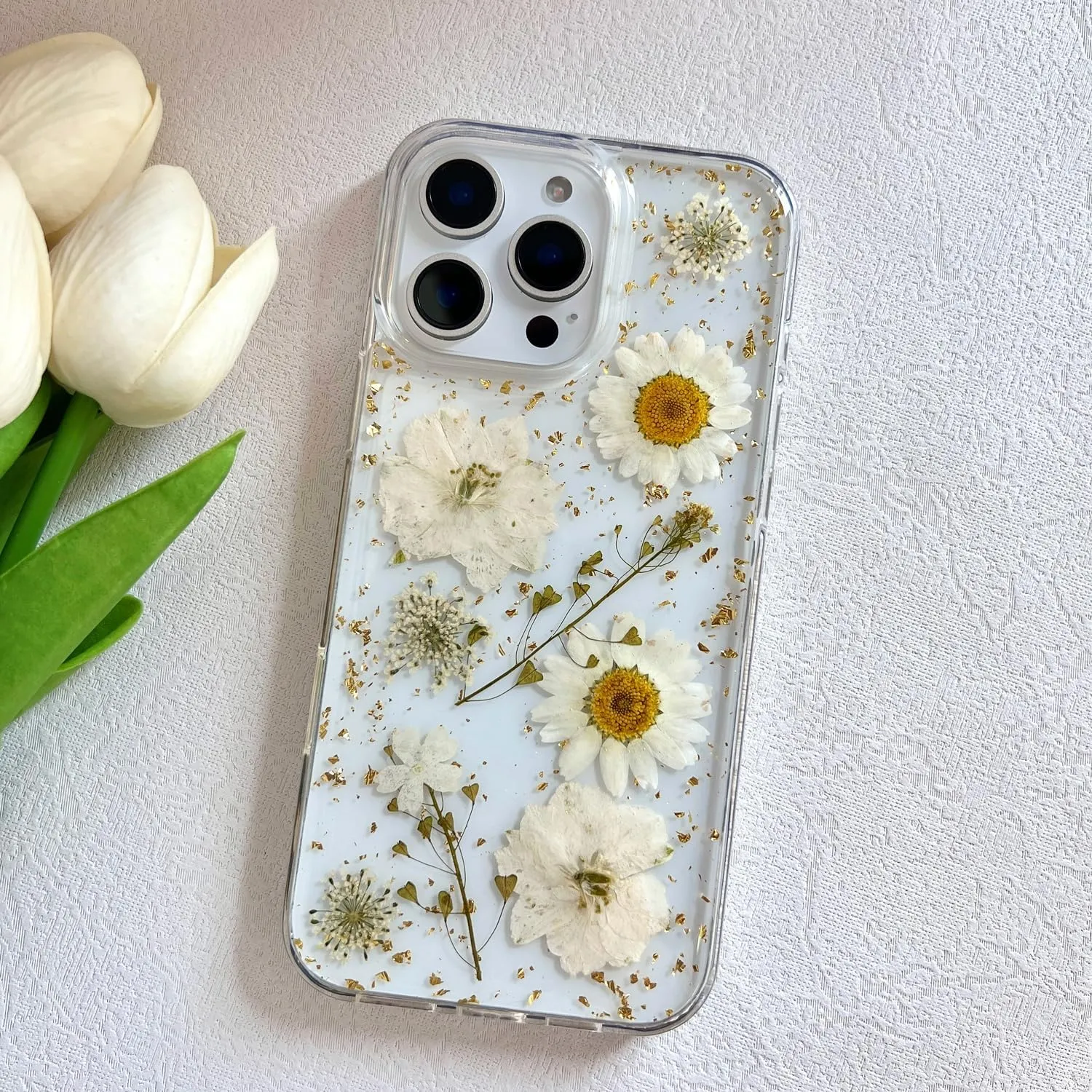 for iPhone 16 Pro Max Clear Case with Pressed Real Flowers Design,Glitter Cute White Floral Pattern Slim Soft TPU Protective Women Girl's Phone Cover for iPhone 16 Pro Max