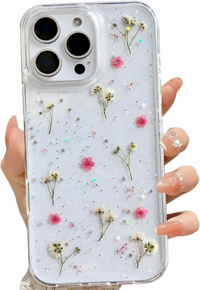 for iPhone 16 Pro Max Clear Case with Pressed Real Flowers Design,Glitter Cute Pink Floral Pattern Slim Soft TPU Protective Women Girl's Phone Cover for iPhone 16 Pro Max