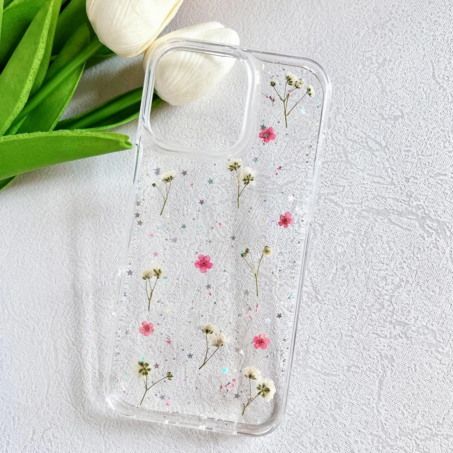 for iPhone 16 Pro Max Clear Case with Pressed Real Flowers Design,Glitter Cute Pink Floral Pattern Slim Soft TPU Protective Women Girl's Phone Cover for iPhone 16 Pro Max