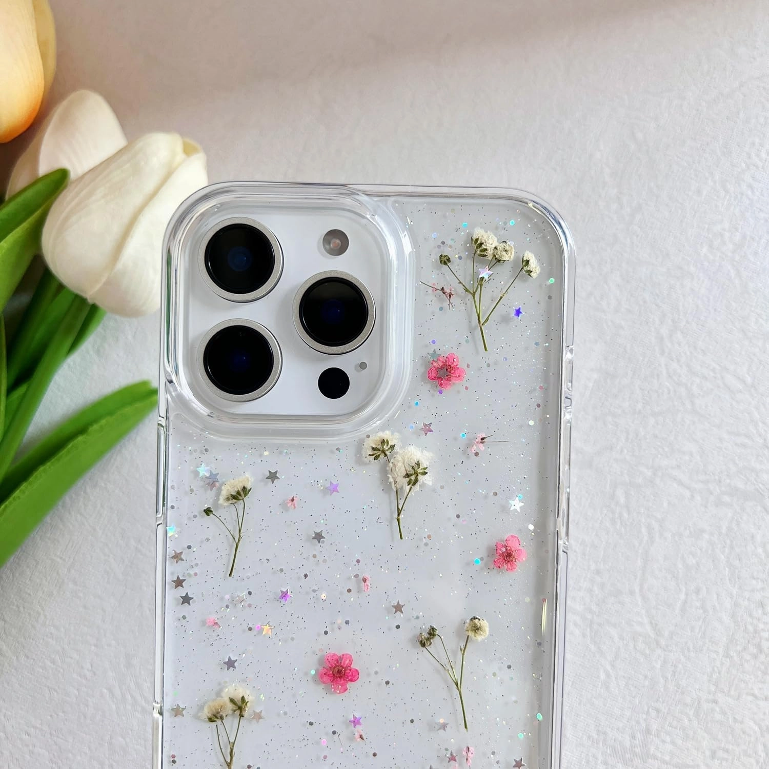 for iPhone 16 Pro Max Clear Case with Pressed Real Flowers Design,Glitter Cute Pink Floral Pattern Slim Soft TPU Protective Women Girl's Phone Cover for iPhone 16 Pro Max