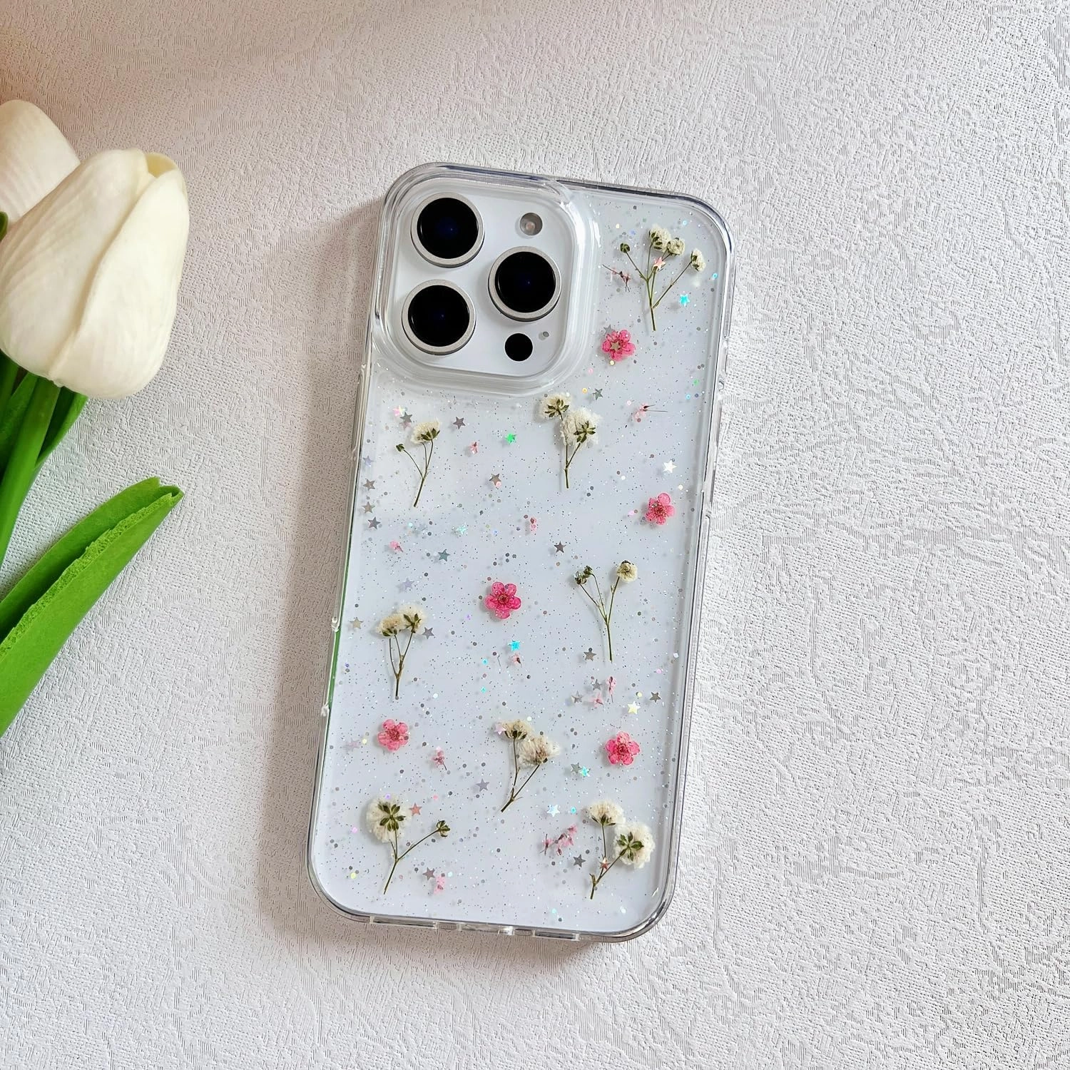 for iPhone 16 Pro Max Clear Case with Pressed Real Flowers Design,Glitter Cute Pink Floral Pattern Slim Soft TPU Protective Women Girl's Phone Cover for iPhone 16 Pro Max