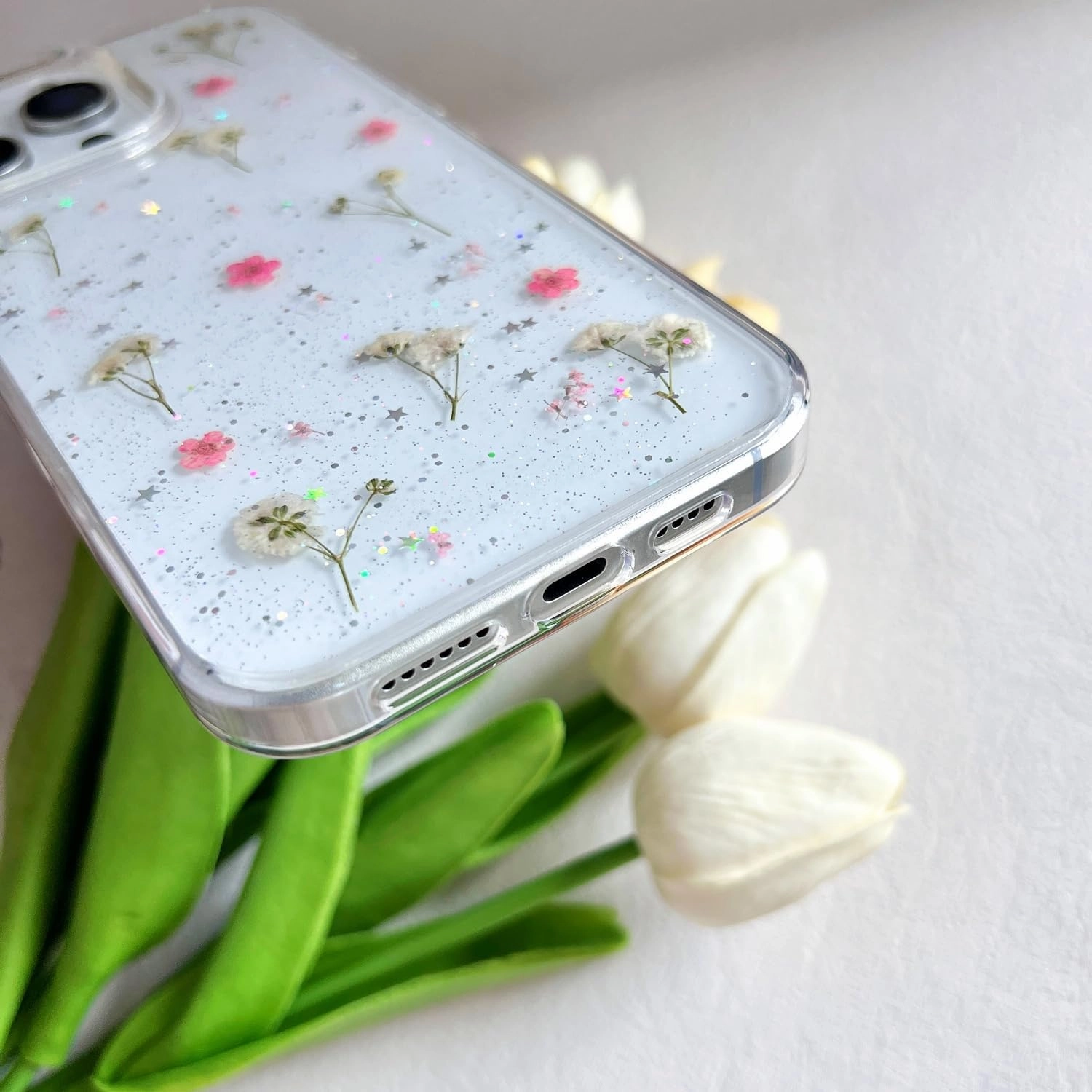 for iPhone 16 Pro Max Clear Case with Pressed Real Flowers Design,Glitter Cute Pink Floral Pattern Slim Soft TPU Protective Women Girl's Phone Cover for iPhone 16 Pro Max