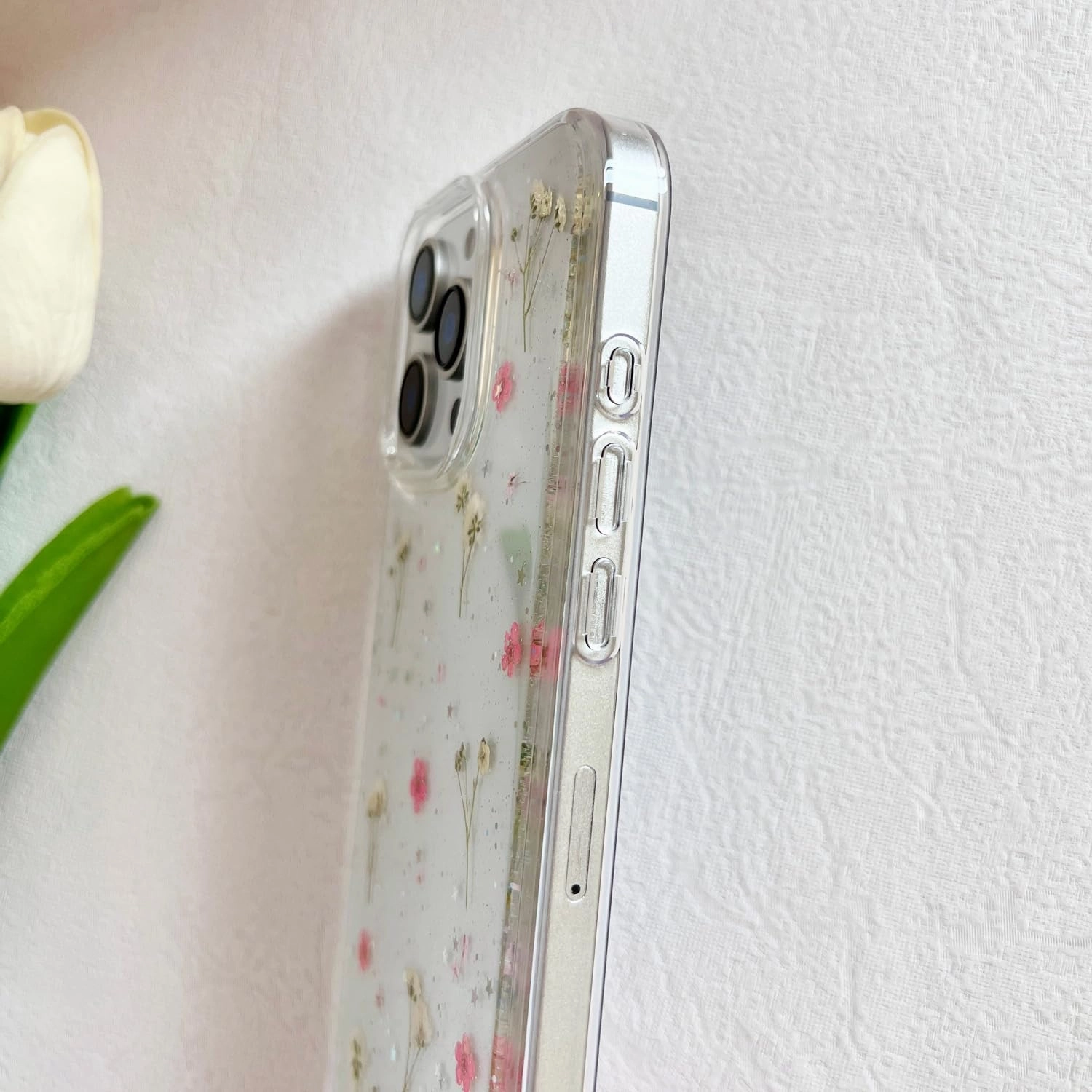 for iPhone 16 Pro Max Clear Case with Pressed Real Flowers Design,Glitter Cute Pink Floral Pattern Slim Soft TPU Protective Women Girl's Phone Cover for iPhone 16 Pro Max