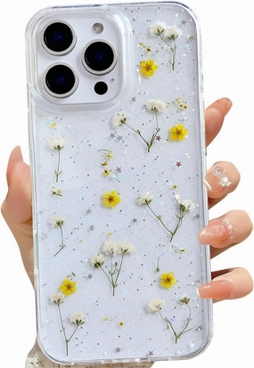 for iPhone 16 Pro Max Clear Case with Pressed Real Flowers Design,Glitter Cute Yellow Floral Pattern Slim Soft TPU Protective Women Girl's Phone Cover for iPhone 16 Pro Max