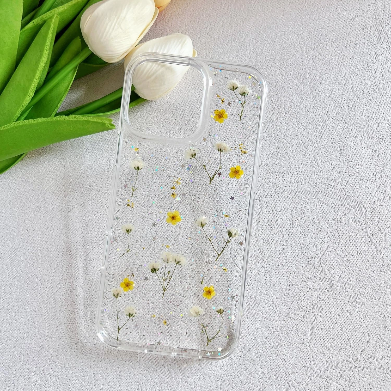 for iPhone 16 Pro Max Clear Case with Pressed Real Flowers Design,Glitter Cute Yellow Floral Pattern Slim Soft TPU Protective Women Girl's Phone Cover for iPhone 16 Pro Max