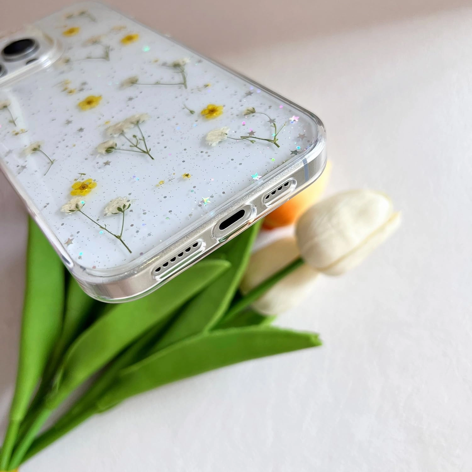 for iPhone 16 Pro Max Clear Case with Pressed Real Flowers Design,Glitter Cute Yellow Floral Pattern Slim Soft TPU Protective Women Girl's Phone Cover for iPhone 16 Pro Max