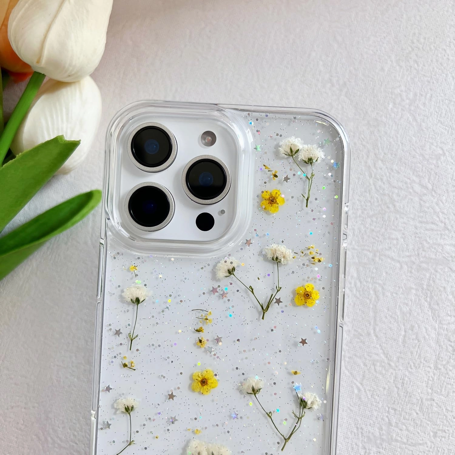 for iPhone 16 Pro Max Clear Case with Pressed Real Flowers Design,Glitter Cute Yellow Floral Pattern Slim Soft TPU Protective Women Girl's Phone Cover for iPhone 16 Pro Max