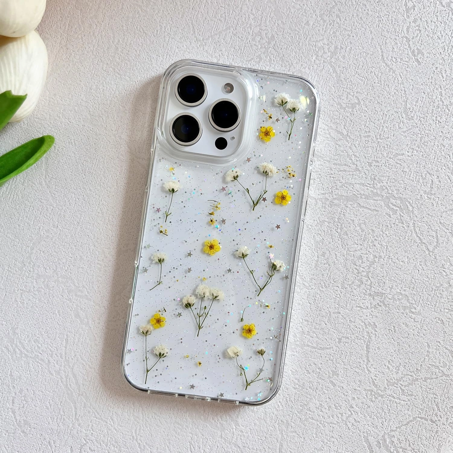 for iPhone 16 Pro Max Clear Case with Pressed Real Flowers Design,Glitter Cute Yellow Floral Pattern Slim Soft TPU Protective Women Girl's Phone Cover for iPhone 16 Pro Max