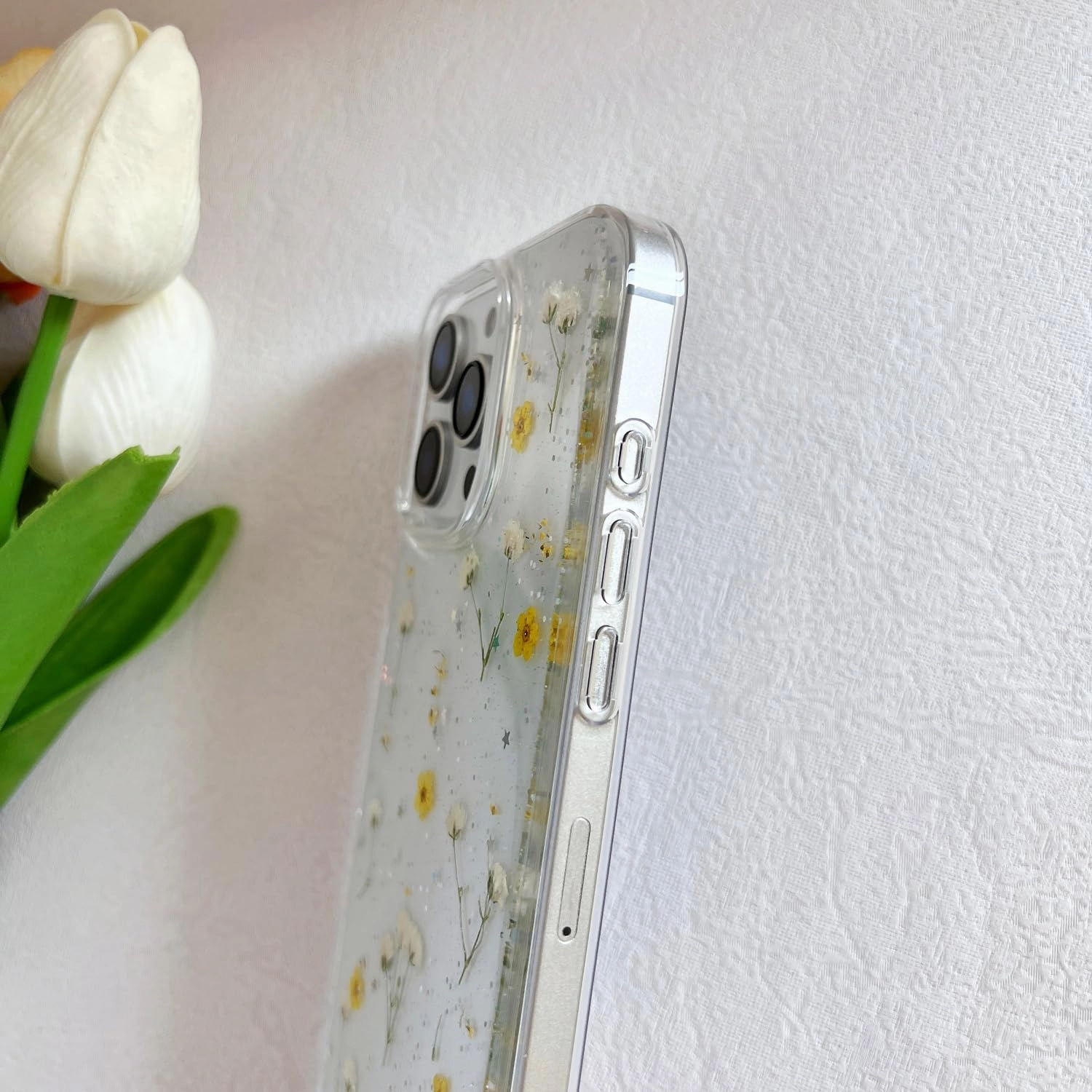 for iPhone 16 Pro Max Clear Case with Pressed Real Flowers Design,Glitter Cute Yellow Floral Pattern Slim Soft TPU Protective Women Girl's Phone Cover for iPhone 16 Pro Max