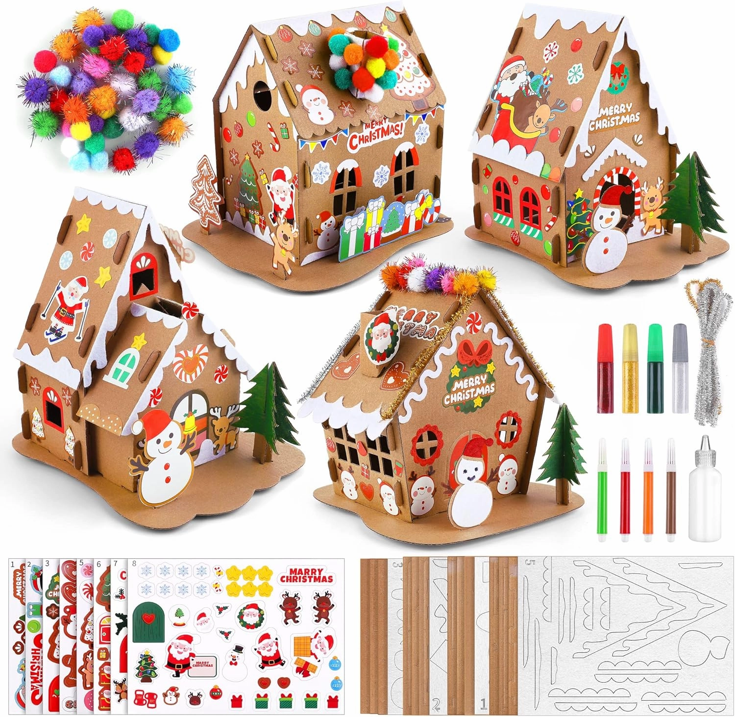 Fovths 4 Sets DIY House Kit Craft Kit 71 Pieces Unfinished House Craft for Party Game Craft Supplies