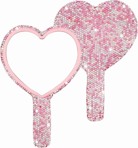 Framendino, 2 Pack Rhinestone Handheld Mirror Heart Bling Glitter Cosmetic Dazzling Portable Hand Mirrors with Handle for Women Pink