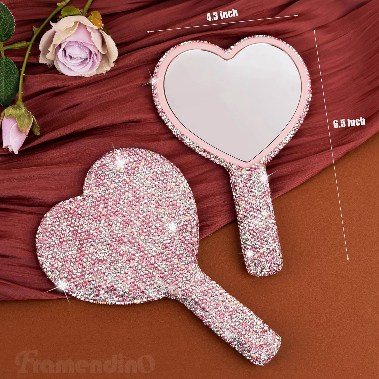 Framendino, 2 Pack Rhinestone Handheld Mirror Heart Bling Glitter Cosmetic Dazzling Portable Hand Mirrors with Handle for Women Pink