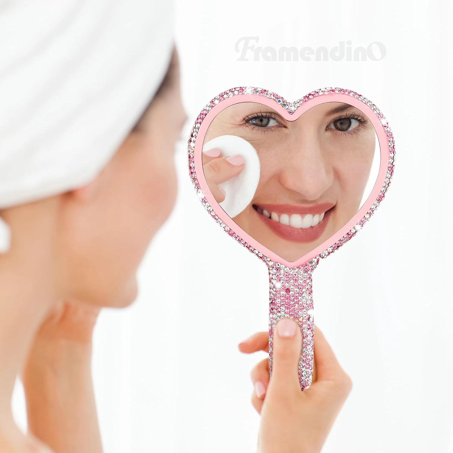 Framendino, 2 Pack Rhinestone Handheld Mirror Heart Bling Glitter Cosmetic Dazzling Portable Hand Mirrors with Handle for Women Pink